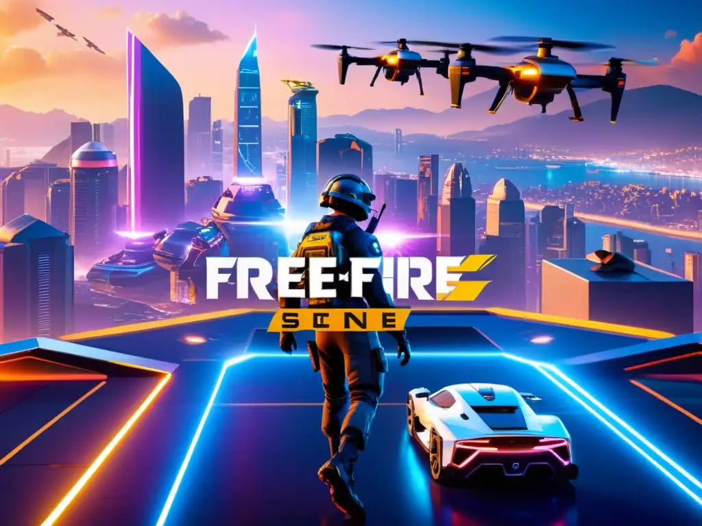 Escena futurista de Free Fire con tecnología avanzada, acción dinámica y la integración de Inteligencia Artificial en Free Fire