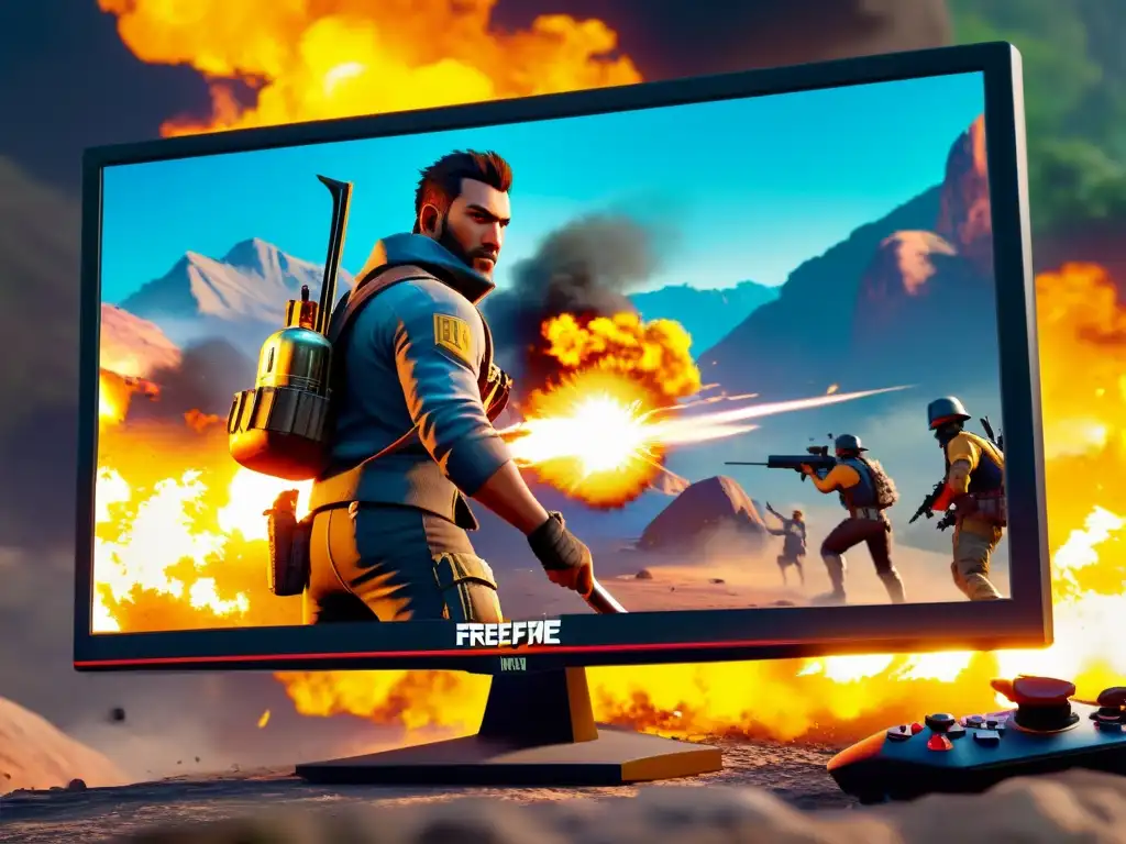 Escena de juego de FreeFire en monitor, con intensa acción y gráficos vibrantes