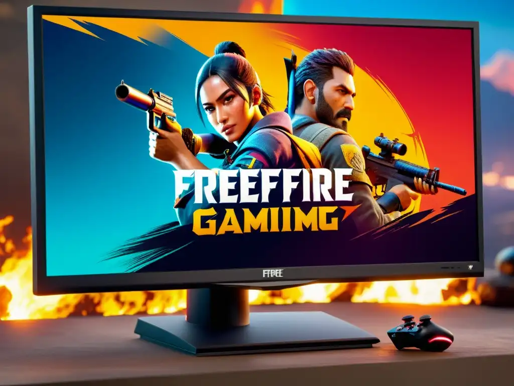 Escena de juego de FreeFire en un monitor de alta resolución, mostrando acción intensa y detalles vibrantes