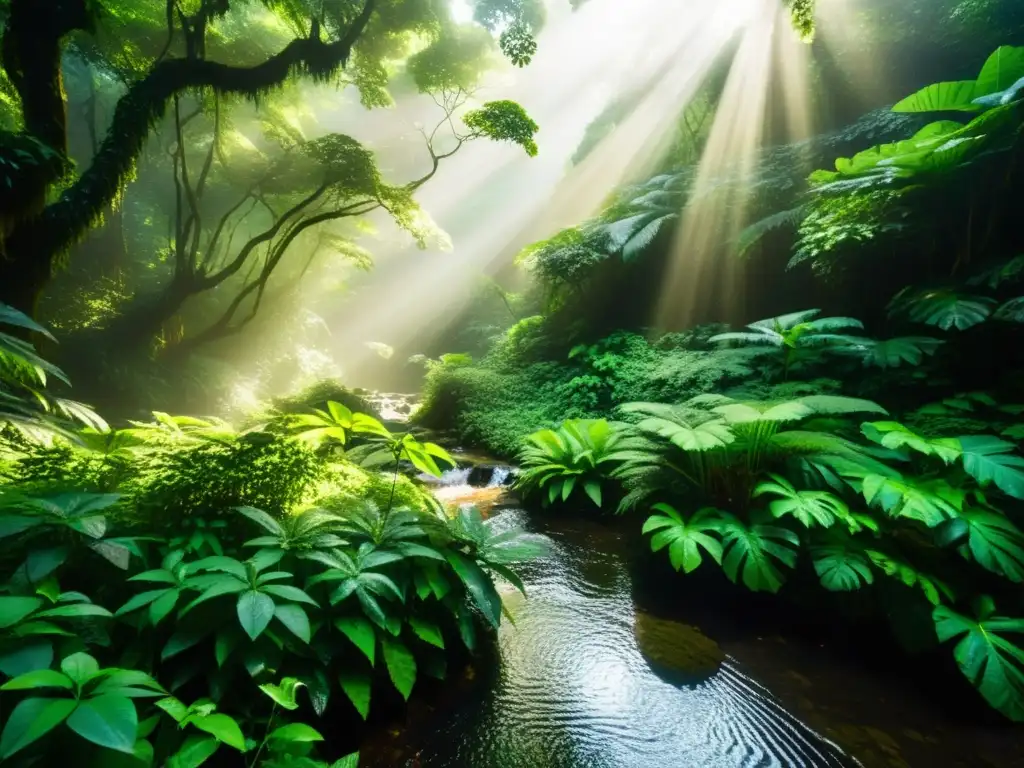 Escena de selva densa con árboles imponentes y exuberante follaje, donde la luz del sol ilumina el sotobosque