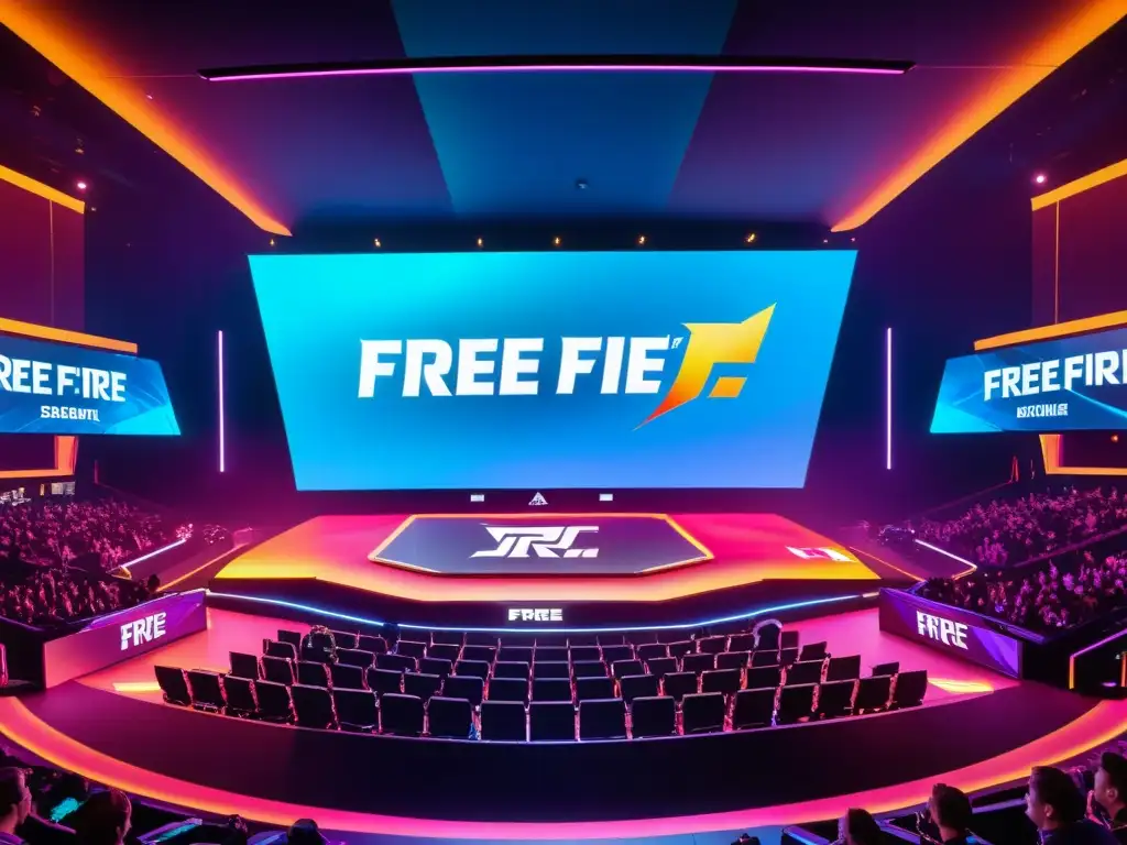 Escenario de esports futurista con patrocinios avanzados en Free Fire, energía y emoción en la competencia