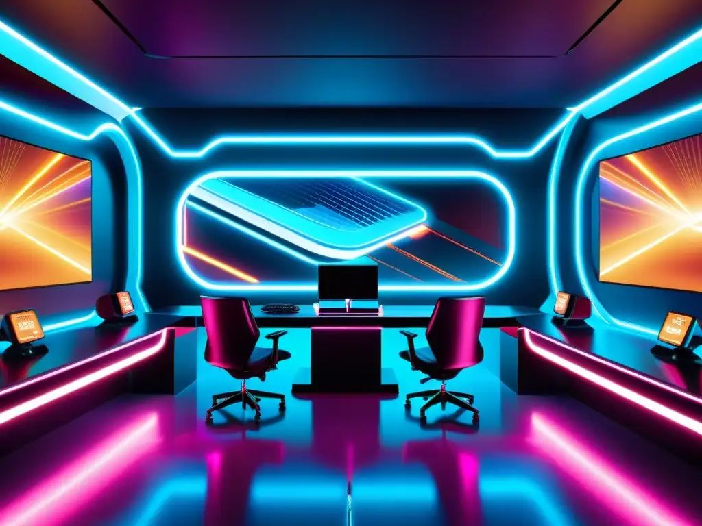 Escenario futurista de gaming con publicidad nativa integrada, superficies metálicas y luces neón