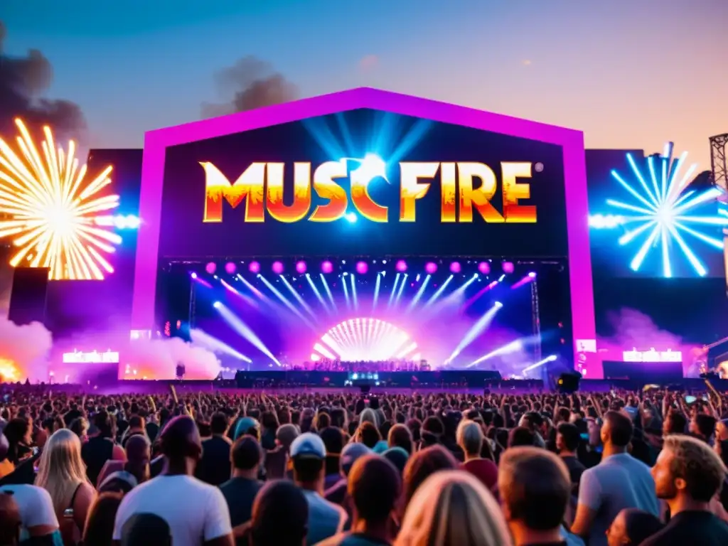 Un escenario vibrante de festival de música con el impacto de Free Fire en la música, artistas populares y una multitud entusiasta