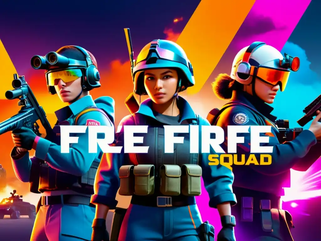 Un escuadrón diverso y estratégico en una intensa batalla en Free Fire, destacando roles en el escuadrón en el juego