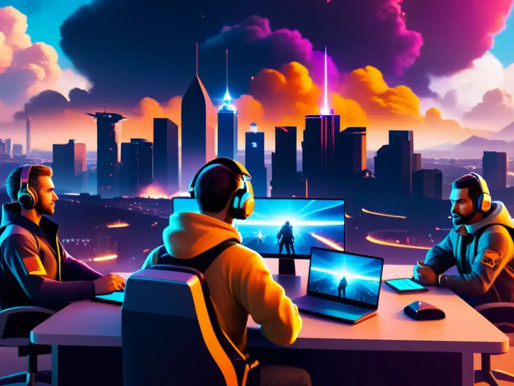 Un escuadrón de FreeFire planifica estrategias equipo ganadoras en un paisaje urbano futurista, mostrando determinación y camaradería