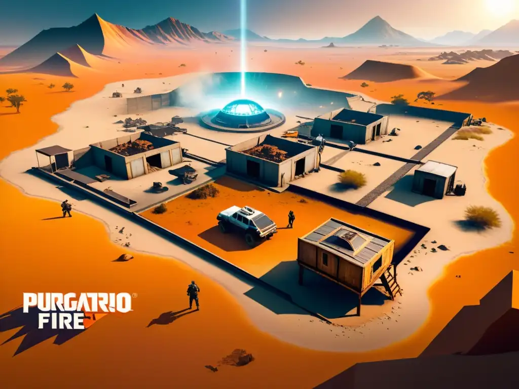 Escuadrón estratégico en el mapa Purgatorio de Free Fire, listo para la batalla al atardecer