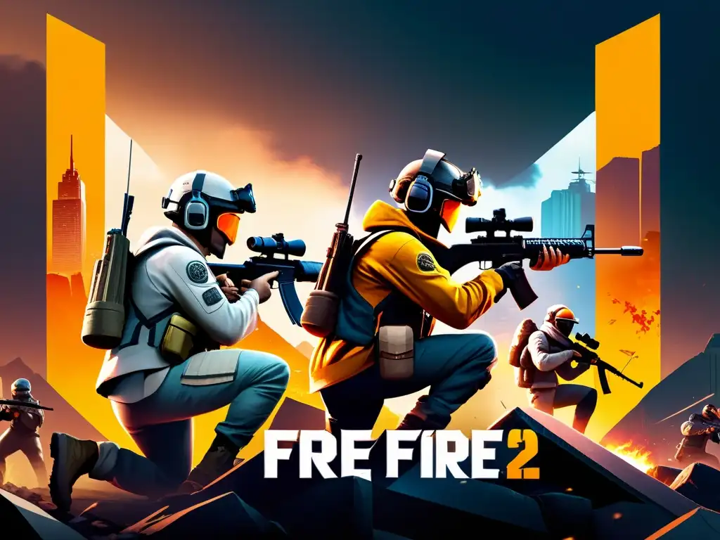 Un escuadrón de jugadores de Free Fire se cubre estratégicamente, listos para reaccionar ante amenazas en un entorno postapocalíptico