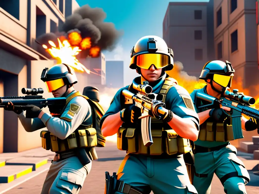 Un escuadrón de jugadores de FreeFire ejecuta maniobras estratégicas de flanqueo en un entorno urbano tenso y detallado