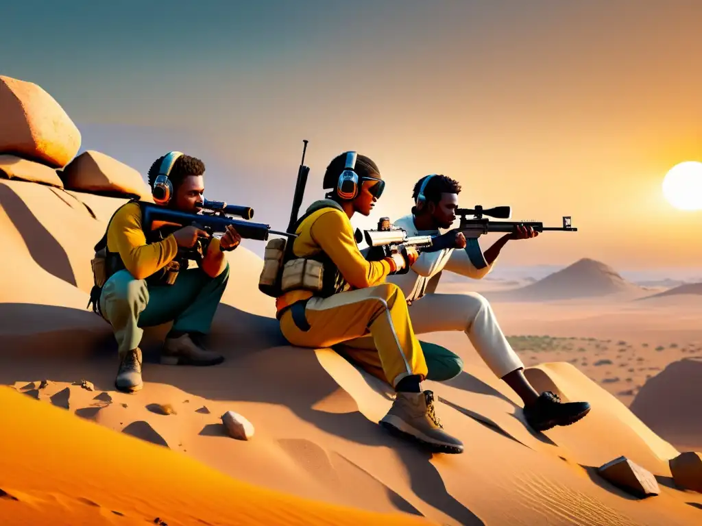 Un escuadrón de jugadores de Free Fire preparados en la rocosa Kalahari