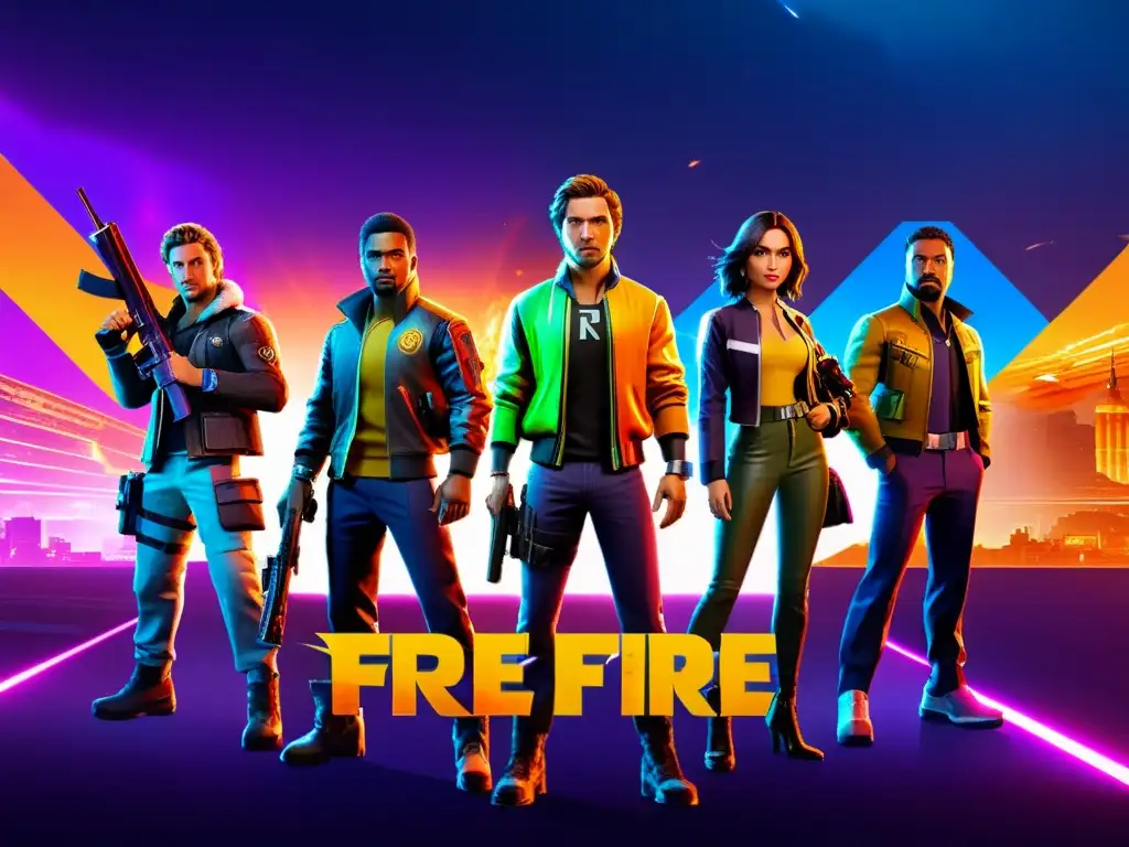 Un escuadrón de personajes de Free Fire, cada uno especializado en su rol único, en un campo de batalla urbano moderno y futurista