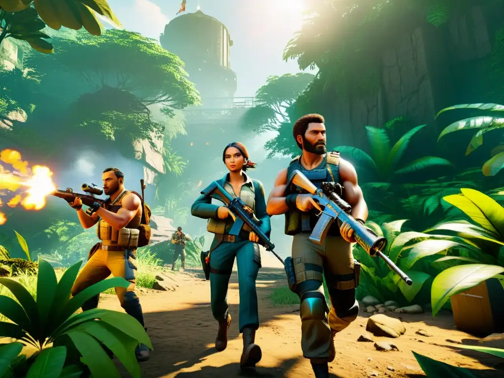 Un escuadrón de personajes de FreeFire recorre la exuberante jungla en busca de loot esencial