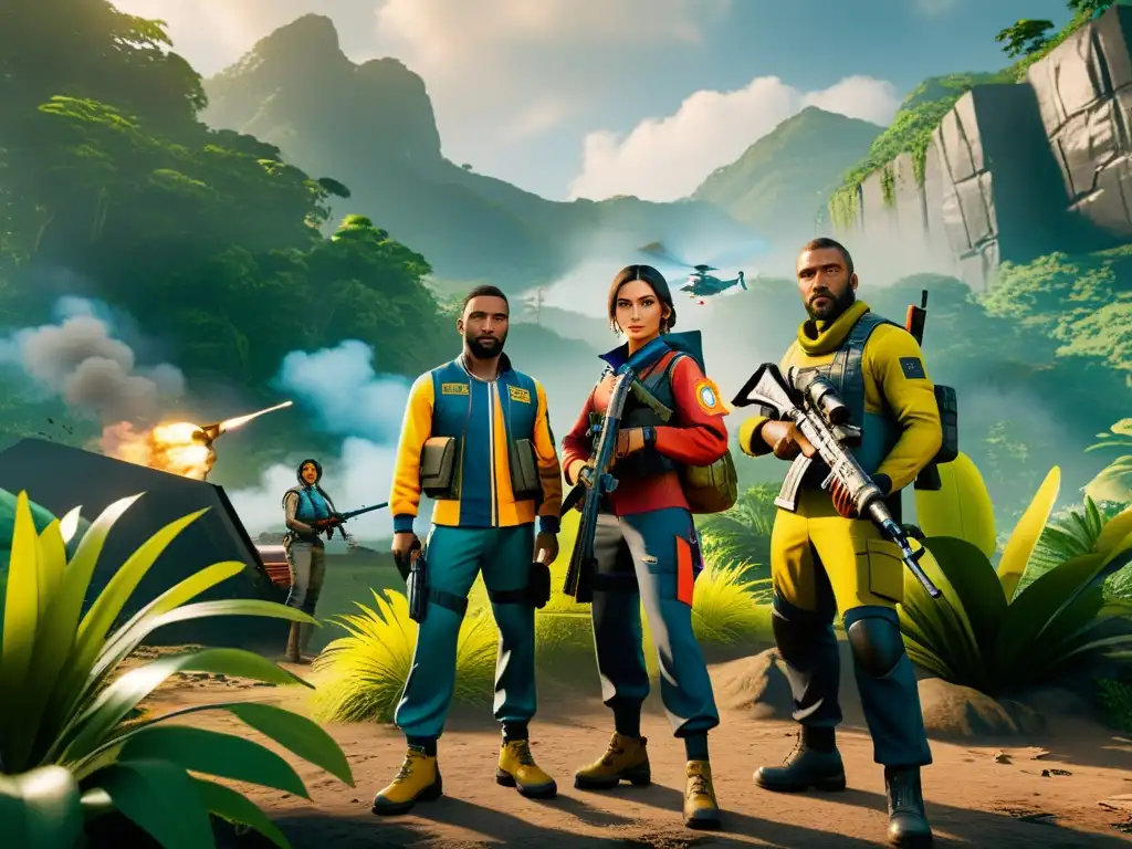 Un escuadrón en Free Fire, estratégicamente posicionado en la exuberante jungla