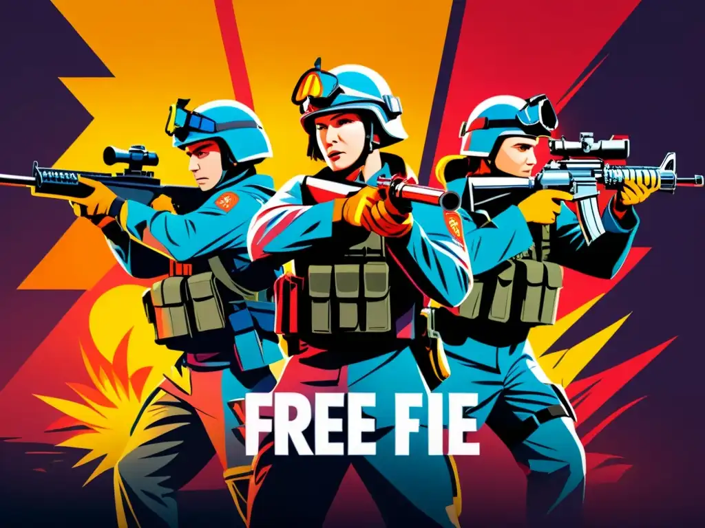 Un escuadrón de Free Fire se posiciona estratégicamente, coordinando tácticas de equipo para Free Fire durante un intenso combate