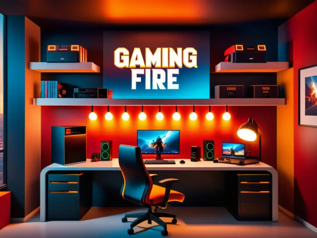 Un espacio de gaming moderno con decoración temática de Free Fire, ideal para ideas personalizar espacio gaming Free Fire