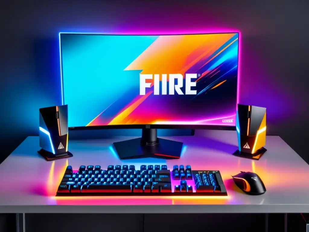 Un espacio de juego futurista con PC personalizado y juego intenso de Free Fire