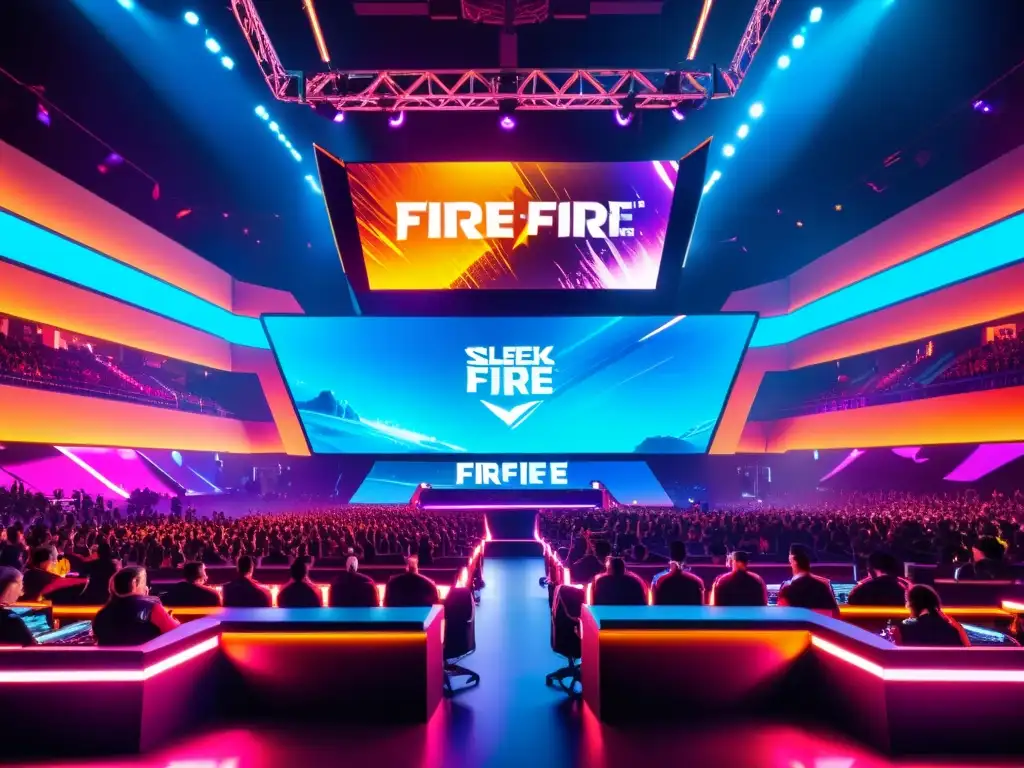 Espectacular arena de esports de Free Fire, con diseño futurista y vibrantes luces de neón