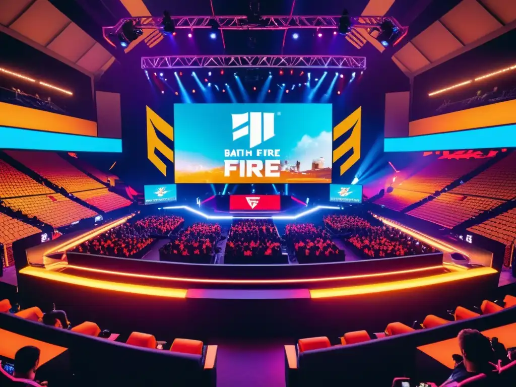 Espectacular arena de esports con fans animados, luces de neón y pantalla de juego Free Fire