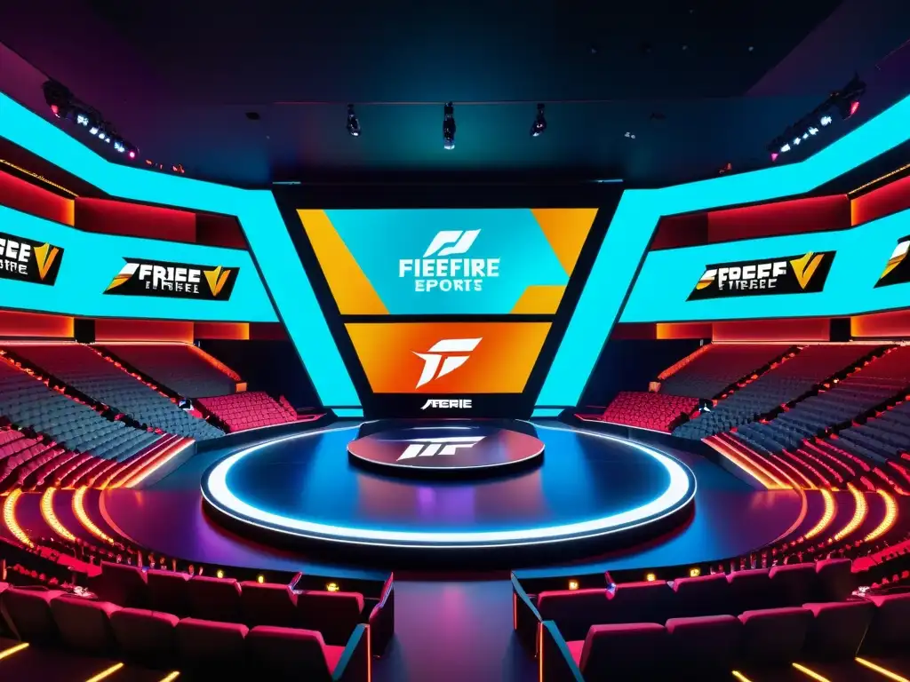 Espectacular arena de esports futurista con emocionante competencia de FreeFire y patrocinios destacados