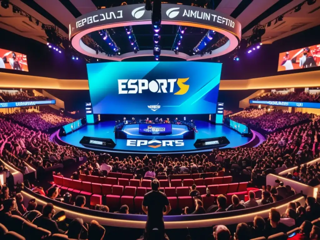 Espectacular arena de Esports con pantalla LED, jugadores concentrados y público vibrante