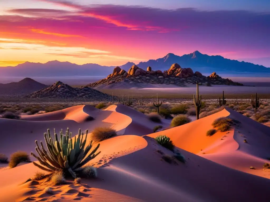 Espectacular atardecer en el desierto, con tonos cálidos y siluetas de cactus