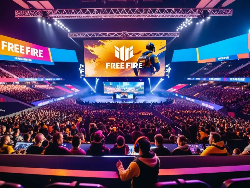 Espectacular evento de esports de Free Fire en estadio lleno, jugadores profesionales compitiendo, pantallas LED gigantes y audiencia eufórica