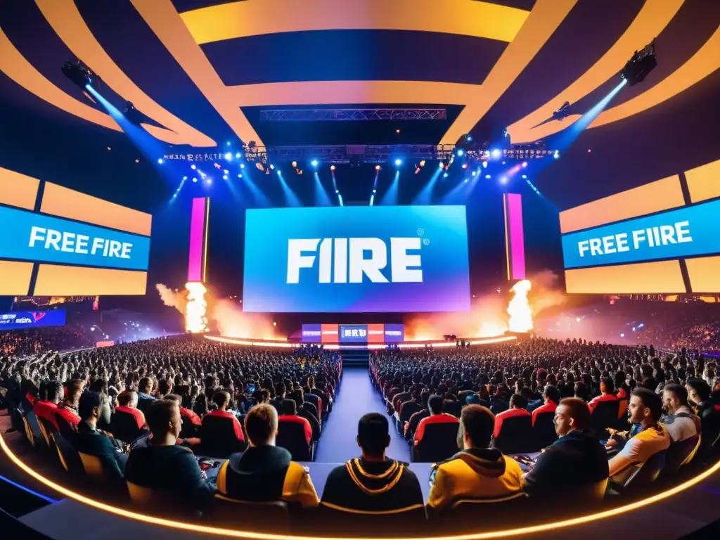 Espectacular evento de esports de Free Fire con jugadores profesionales y una multitud dinámica, en una arena futurista con pantallas LED vibrantes y efectos de iluminación envolventes