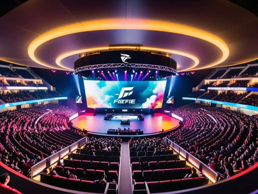 Estadio lleno de fans entusiastas disfrutando de emocionante acción de esports FreeFire, ideal para invertir en patrocinios en Esports