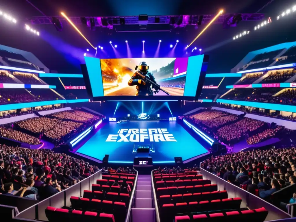 Estadio lleno de fans entusiastas de esports, con torneo de Free Fire en pantalla gigante