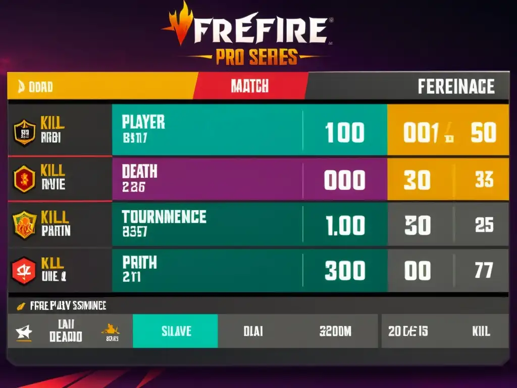 Estadísticas de rendimiento detalladas de la FreeFire Pro Series, resaltando el desempeño de los jugadores en la competencia