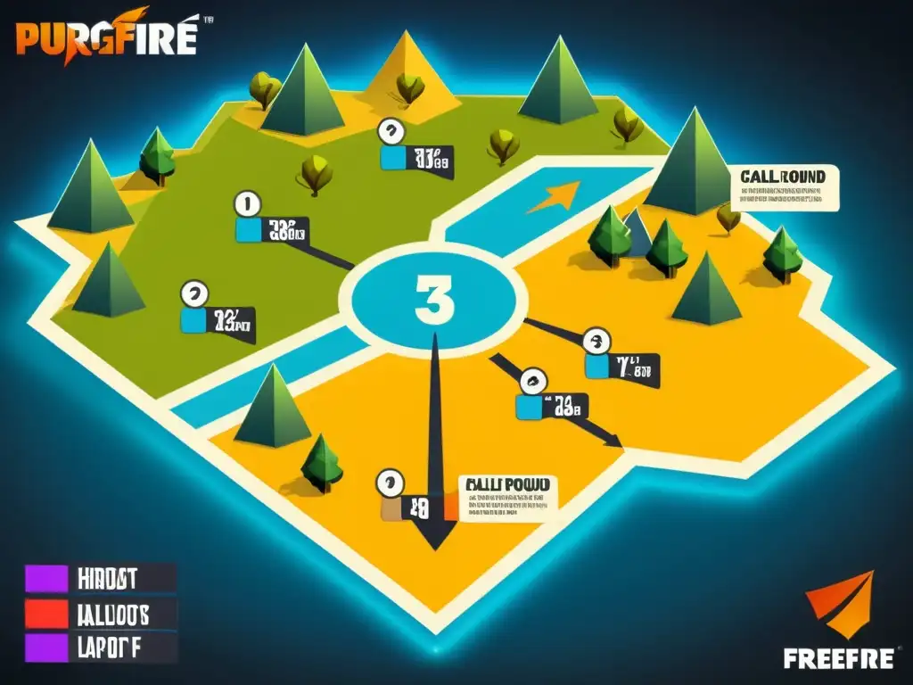 Infografía estratégica para dominar Purgatorio en FreeFire: ubicaciones, botín y rutas óptimas detalladas en un mapa colorido y moderno