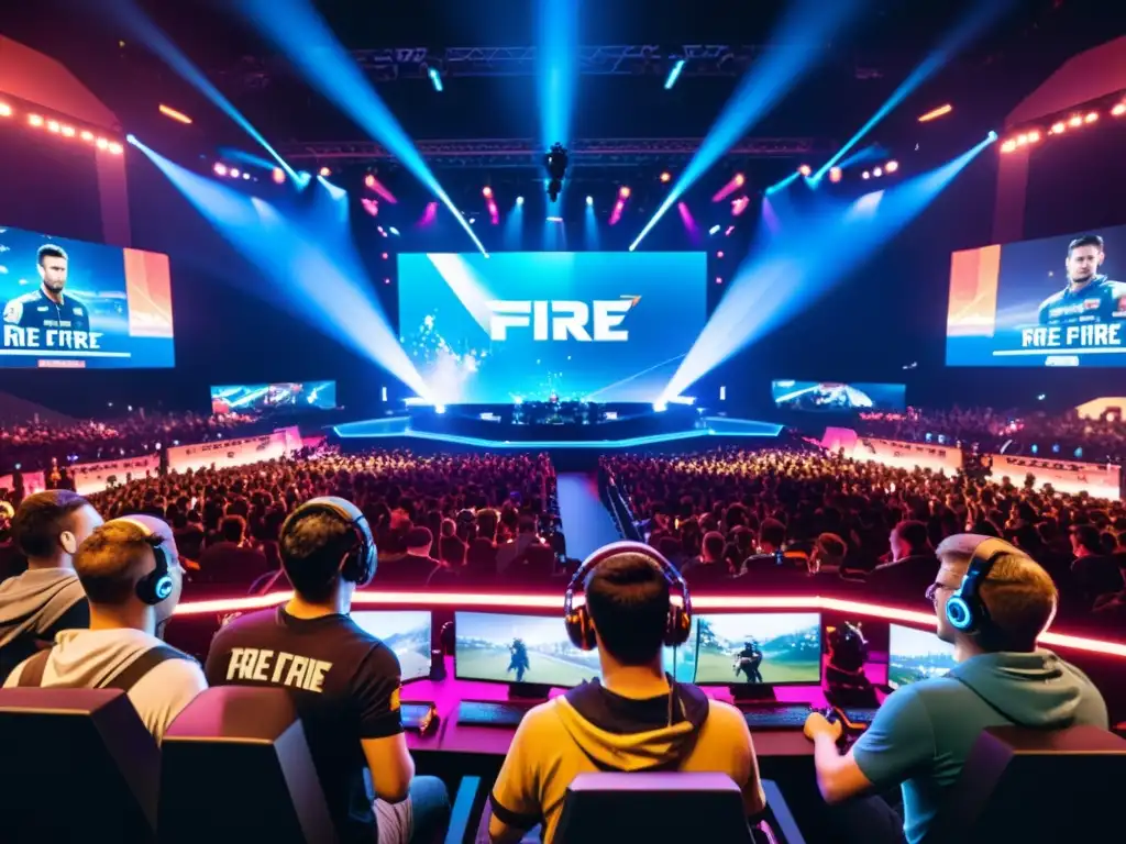 Evento de descuento Free Fire: Competencia intensa en una arena llena de fans emocionados y jugadores profesionales concentrados en el escenario