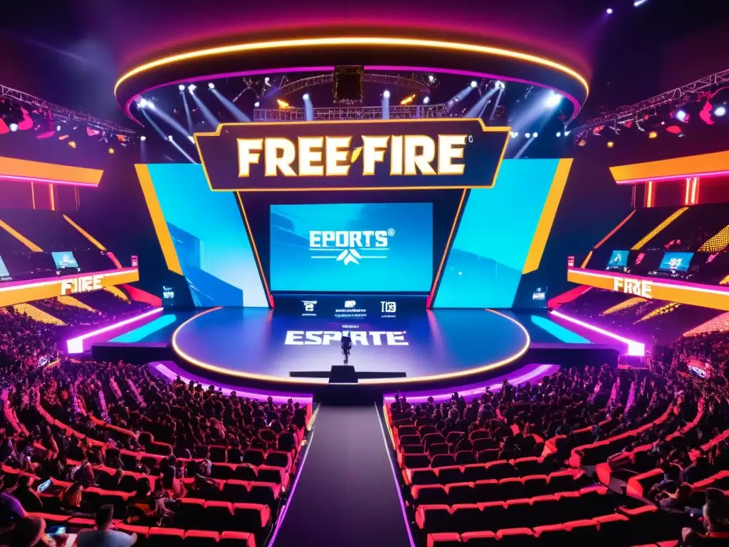 Un evento de esports de Free Fire con patrocinios avanzados en un escenario futurista y jugadores destacados rodeados de fans entusiastas