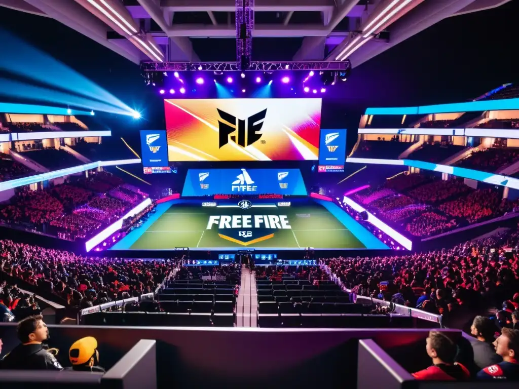 Evento de Free Fire eSports: Estadio lleno de fans, jugadores en competencia, luces y emoción