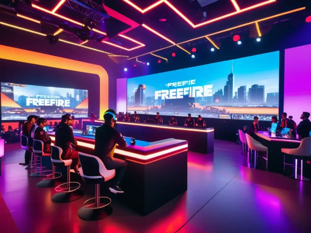 Evento de lanzamiento en FreeFire: un lugar de alta tecnología lleno de luces LED coloridas y pantallas futuristas, con jugadores y personal en atuendos futuristas, rodeados de tecnología y emoción