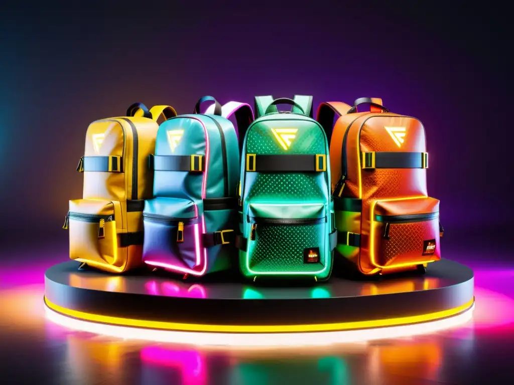 Una exhibición impresionante de las mejores mochilas Free Fire en un elegante soporte futurista, resaltando su diseño detallado y colores vibrantes