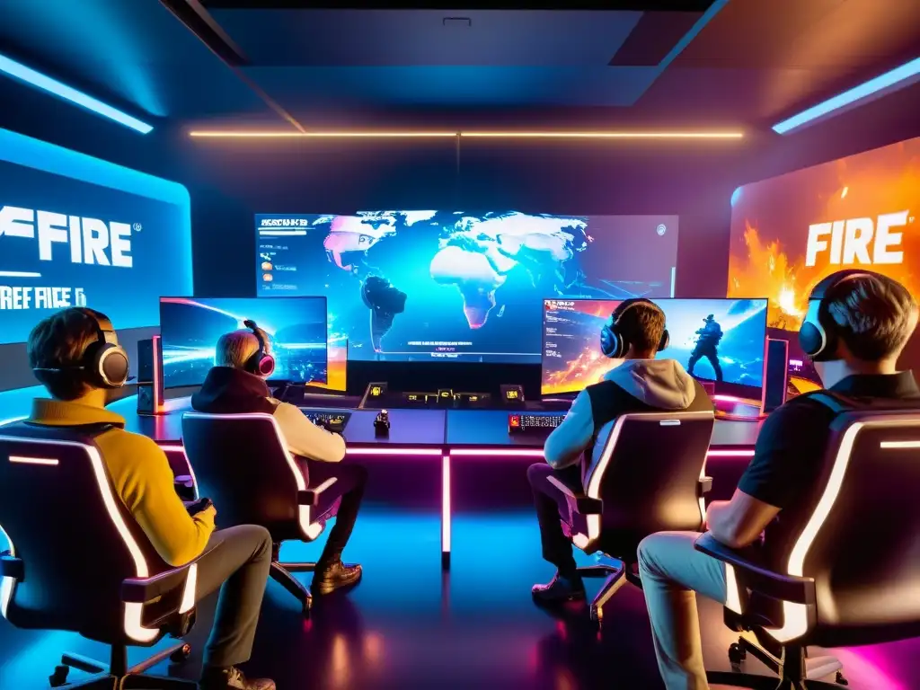 Experimentados jugadores de Free Fire planeando estrategias en sala futurista de alta tecnología