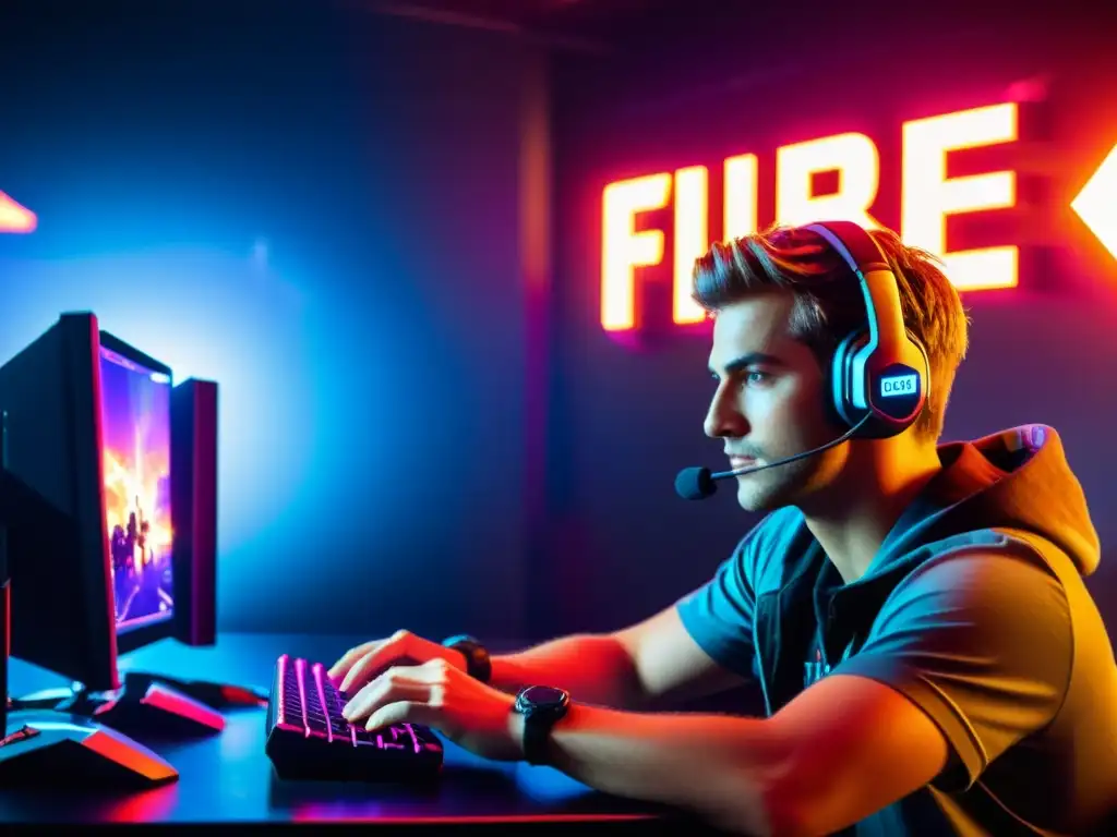 Un experto gamer concentrado en la pantalla, rodeado de luces futuristas y decoración de Free Fire