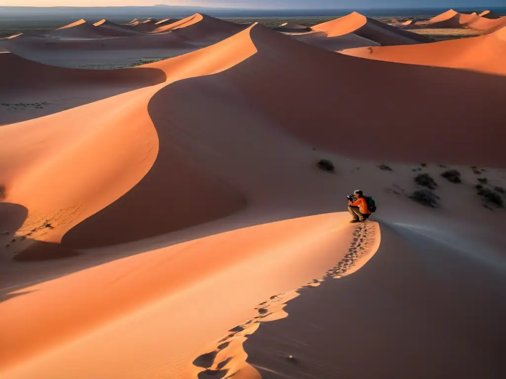 Exploración en las técnicas de supervivencia Kalahari FreeFire con el atardecer sobre las dunas y un superviviente observando con binoculares