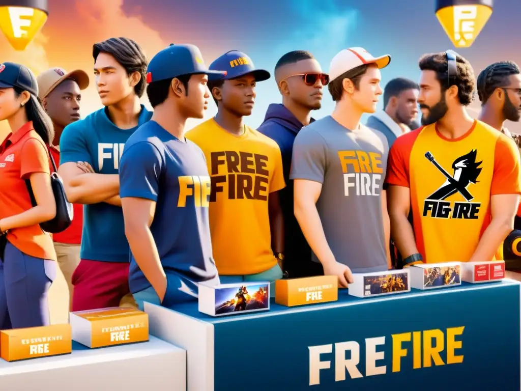 Fans de Free Fire disfrutan animadamente del stand de merchandising, con productos variados y colores vibrantes