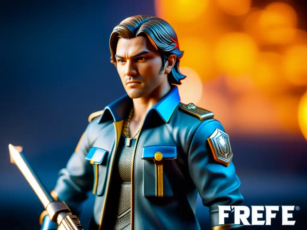 Una figura de colección exclusiva de Free Fire, detallada y valiosa, con dramática iluminación