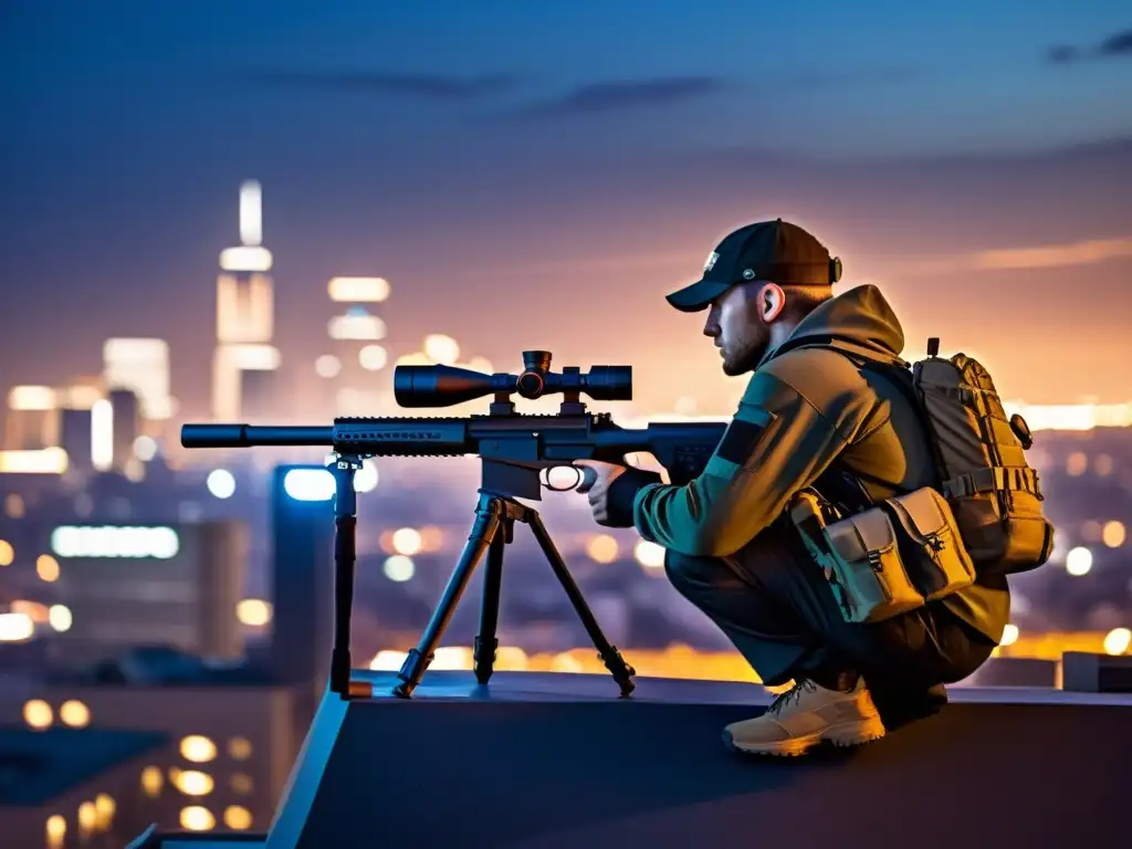 Un francotirador agazapado en una azotea, mirando a través del visor de un rifle de alta tecnología con el horizonte urbano de fondo