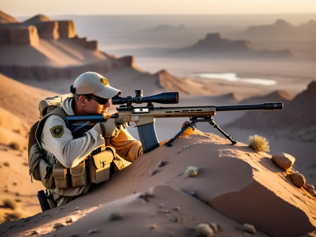 Un francotirador camuflado en un acantilado rocoso observa un vasto desierto al atardecer