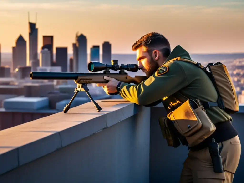 Un francotirador observa la ciudad al atardecer, listo para actuar