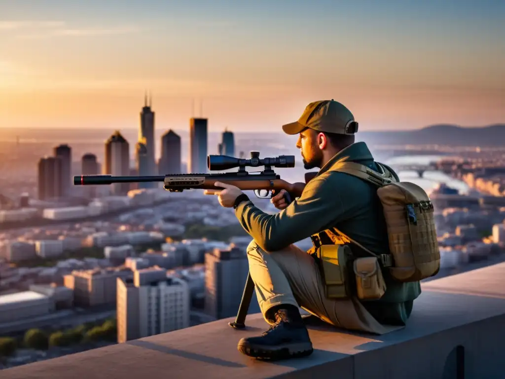 Un francotirador enfocado observa la ciudad al atardecer, preparándose para un disparo preciso