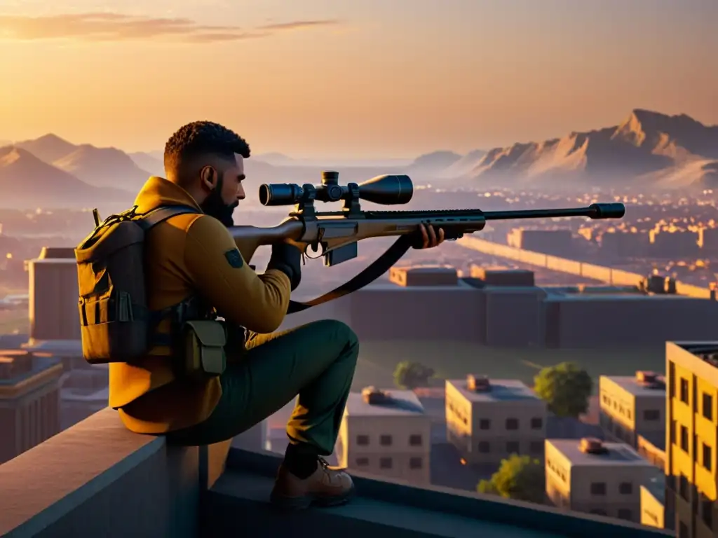 Un francotirador en FreeFire enfocado desde un punto alto sobre la ciudad al atardecer