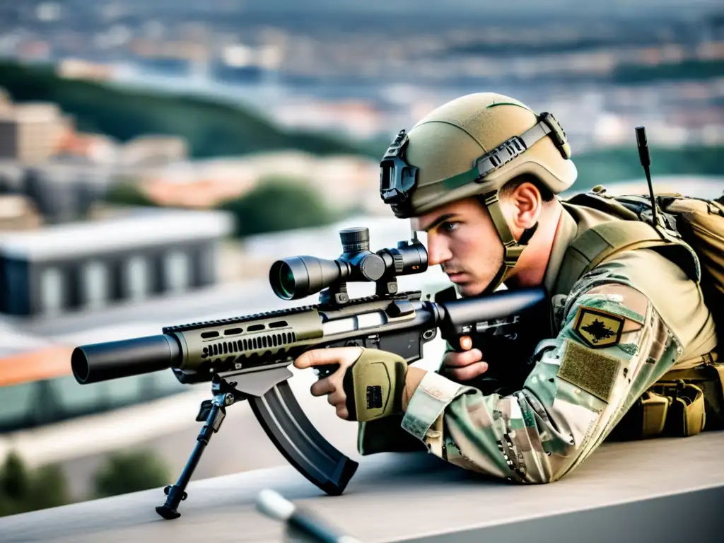 Un francotirador en posición estratégica observa la ciudad desde las alturas, con el modo disparo único Free Fire listo para la acción