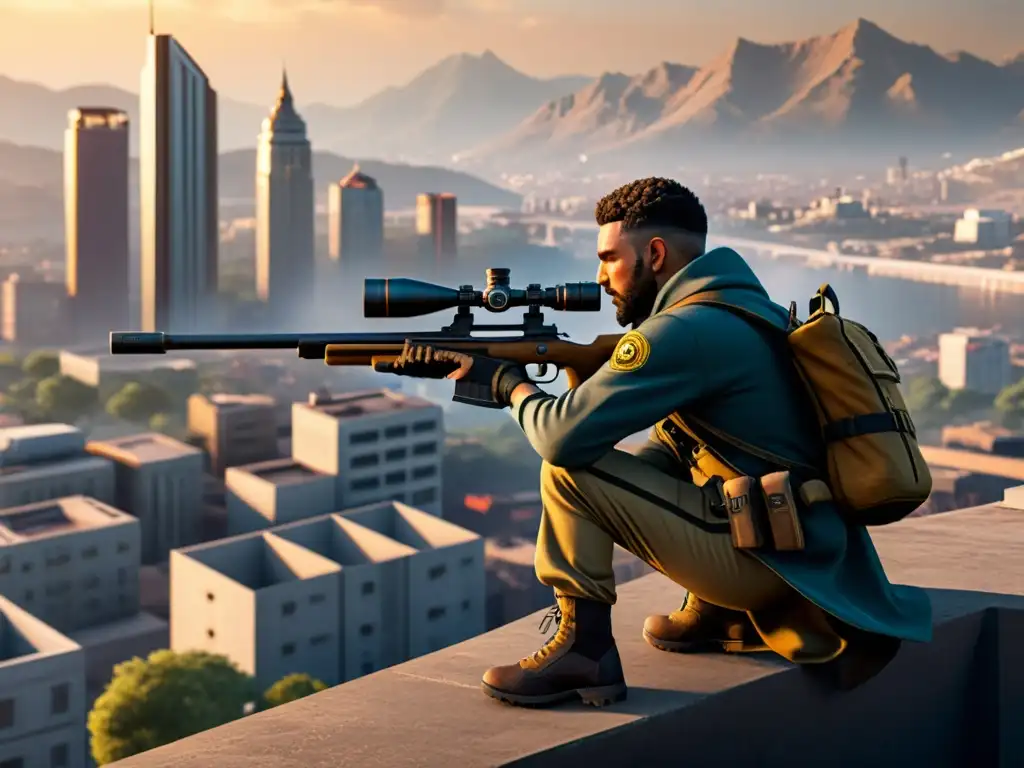 Un francotirador en FreeFire, estratégicamente posicionado en un punto alto, observando la ciudad con determinación y precisión