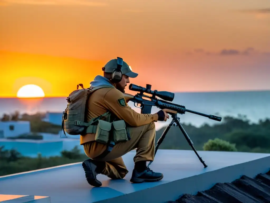 Un francotirador profesional, listo para disparar en FreeFire Bermuda al atardecer