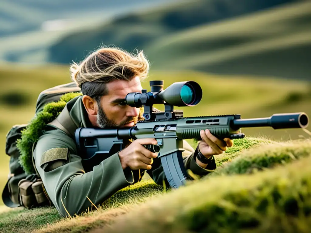 Un francotirador profesional en traje de camuflaje apuntando con precisión a través de un rifle de largo alcance en un paisaje montañoso