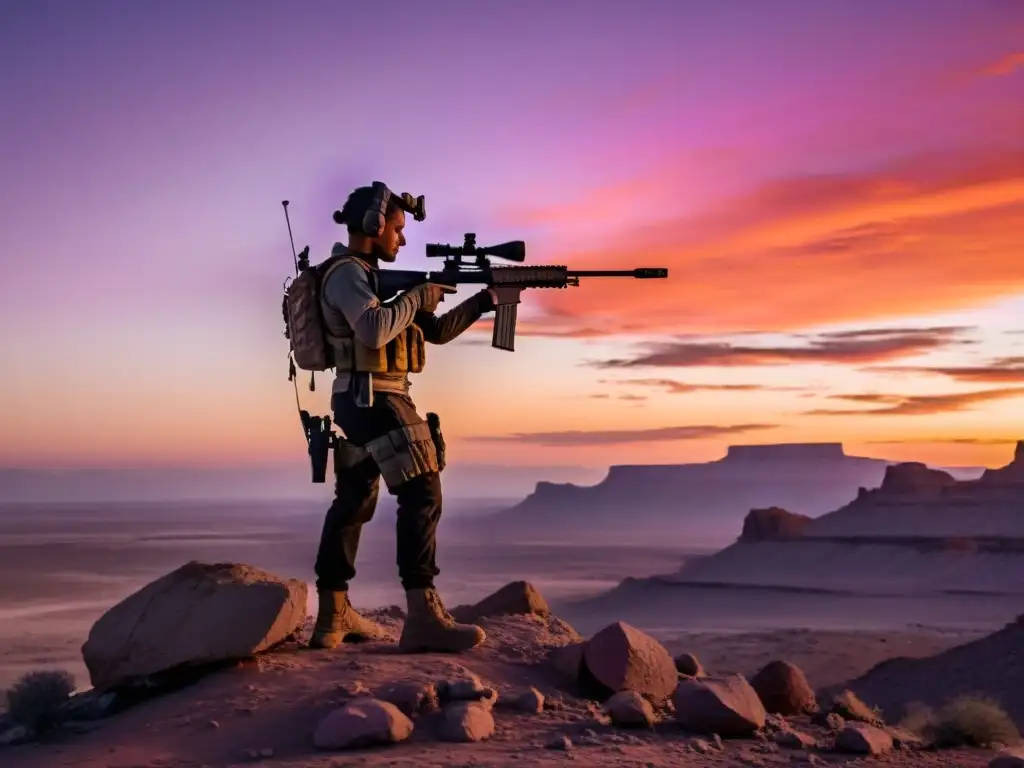 Un francotirador solitario observa un paisaje desértico al atardecer